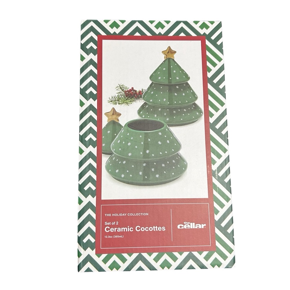 The Cellar Holiday 2-Pc Tree Stoneware Ceramic Cocottes Set NWT